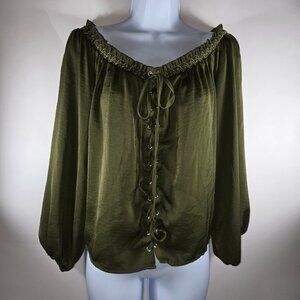 Forever 21 Womens Top Sz S Olive Green Silky Peasant Goth Lace Up Off Shoulder